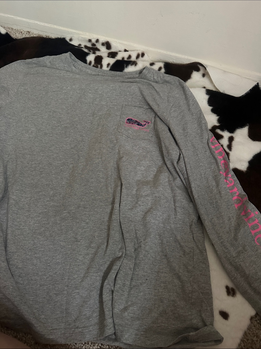 Vineyard Vines Gray Long Sleeve Tee with Pink Logo and Sleeve Script